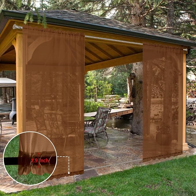 SpaceDresser Waterproof Outdoor Sheer Curtains for Patio - 4 Panels Rod Pocket Indoor Voile Sheer Curtain for Living Room,52W x 120L inch,Brown