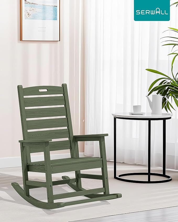 SERWALL Outdoor Rocking Chair, Oversized Rocking Chair with Footrest for Adults, HDPE All Weather Resistant Rocking Chairs for Patio, 350lbs Weight Capacity, Avocado Green