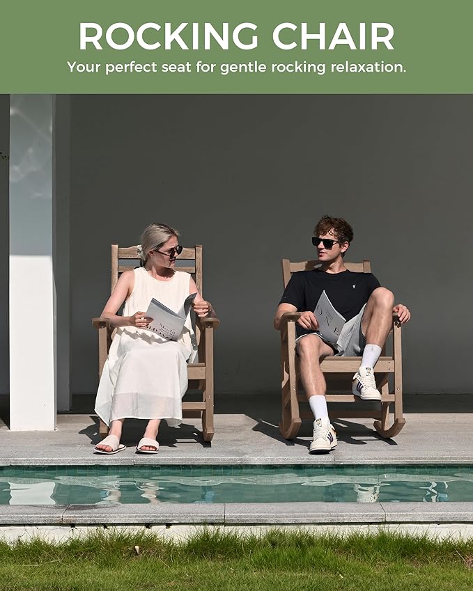Oversized Rocking Chair Outdoor, High Back Porch Rocker Chair, HDPE All Weather Resistant Rocking Chairs for Patio, 386lbs Weight Capacity, Teak