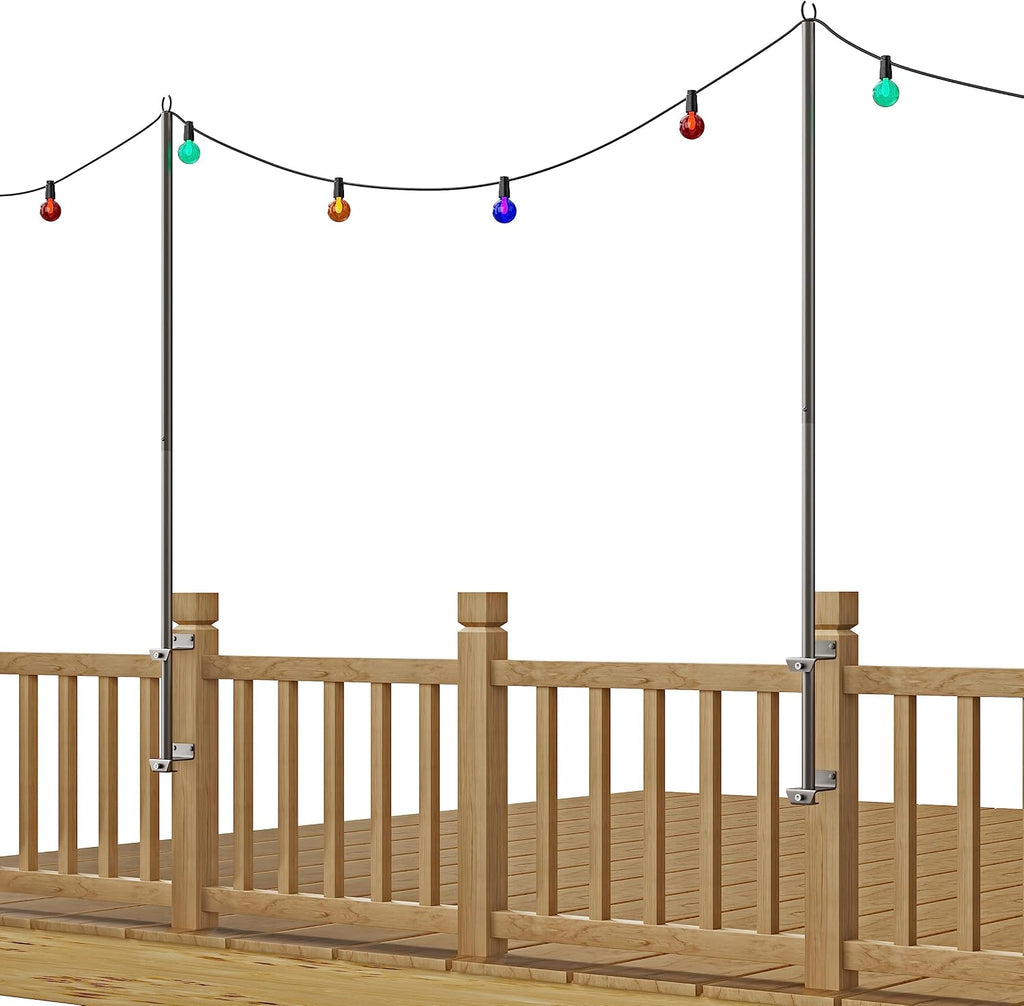 2 Pack 6.5 FT Stainless Steel String Lights Pole Bracket/Holder for Deck Railing Wood Posts, Black