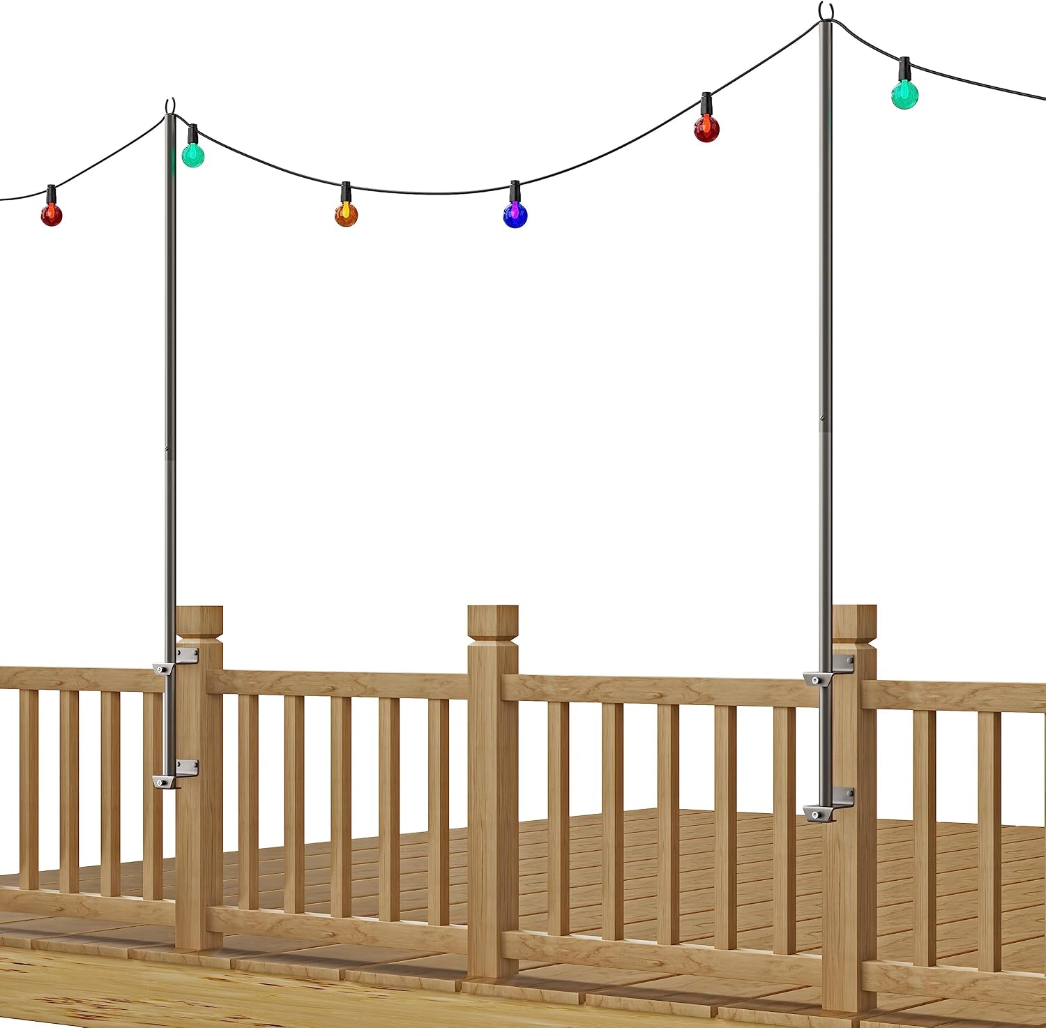2 Pack 6.5 FT Stainless Steel String Lights Pole Bracket/Holder for Deck Railing Wood Posts, Black