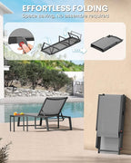 Aluminum Chaise Lounge Chair Outdoor Set of 2, Foldable & No Assembly Pool Lounge Chairs 5-Position Recliner for Outside Poolside, Fully Grounded Legs Sun Lounger for Patio, Beach, Dark Grey