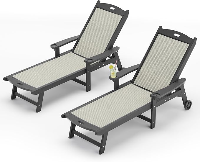 LUE BONA Chaise Lounge Chair Outdoor, HDPS and HDPE Wicker Material, Patio Lounge Chair with Adjustable Backrest, Resin Pool Lounge Chairs with Wheels for Backyard, Poolside and Deck, Gray