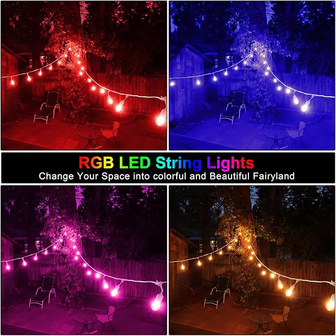 Mlambert 96Ft(2x48ft) Outdoor Patio Lights, RGB Cafe String Lights with Remote Control and 30+5 Dimmable LED Bulbs for Backyard Graden-White 2 Pack