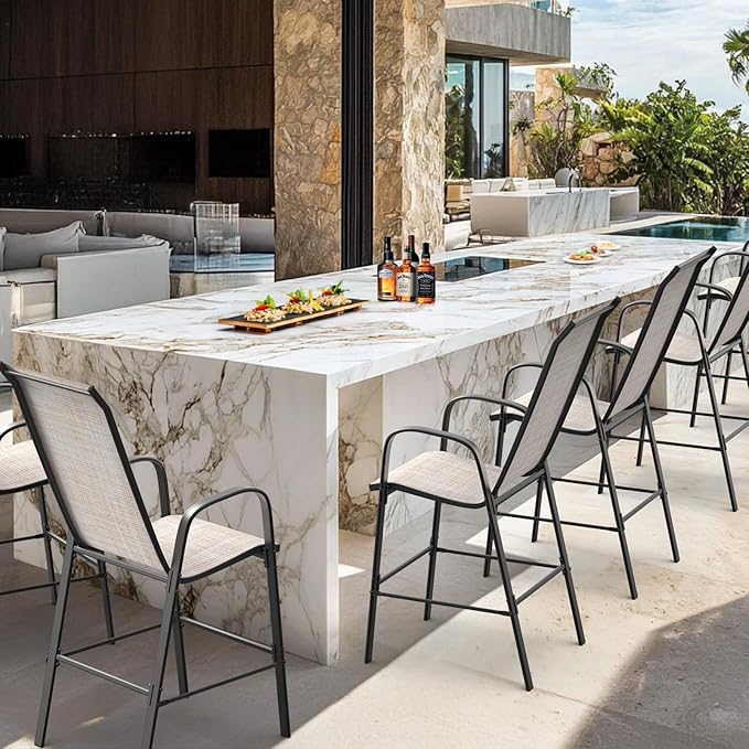 VINGLI Set of 4 Stackable Outdoor Bar Stools – Sling Chairs with High Back & Armrests, for Lawn, Garden, Bar, Yellow