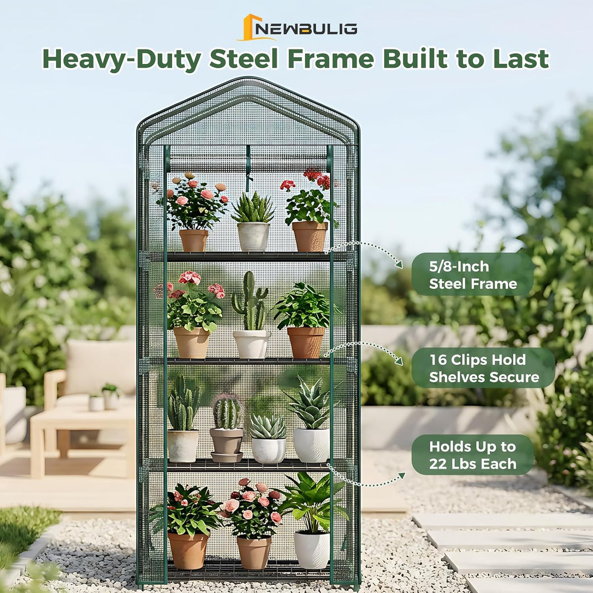 newbulig 27"x19"x63" mini greenhouse, with durable zipper door, side view