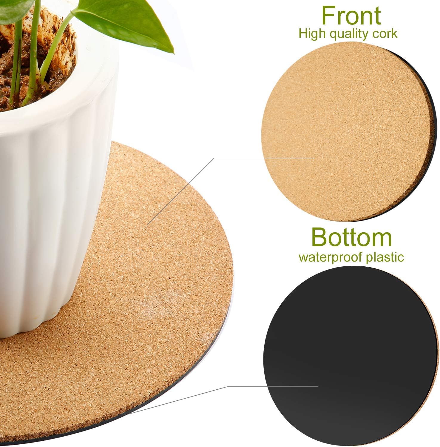 6 Pieces 6/8/10 Inch Cork Plant Pad 3 Sizes Cork Plant Mat Plastic Round Plate Coasters for Garden, Courtyard, Pot, Indoor Outdoor and DIY Craft Project