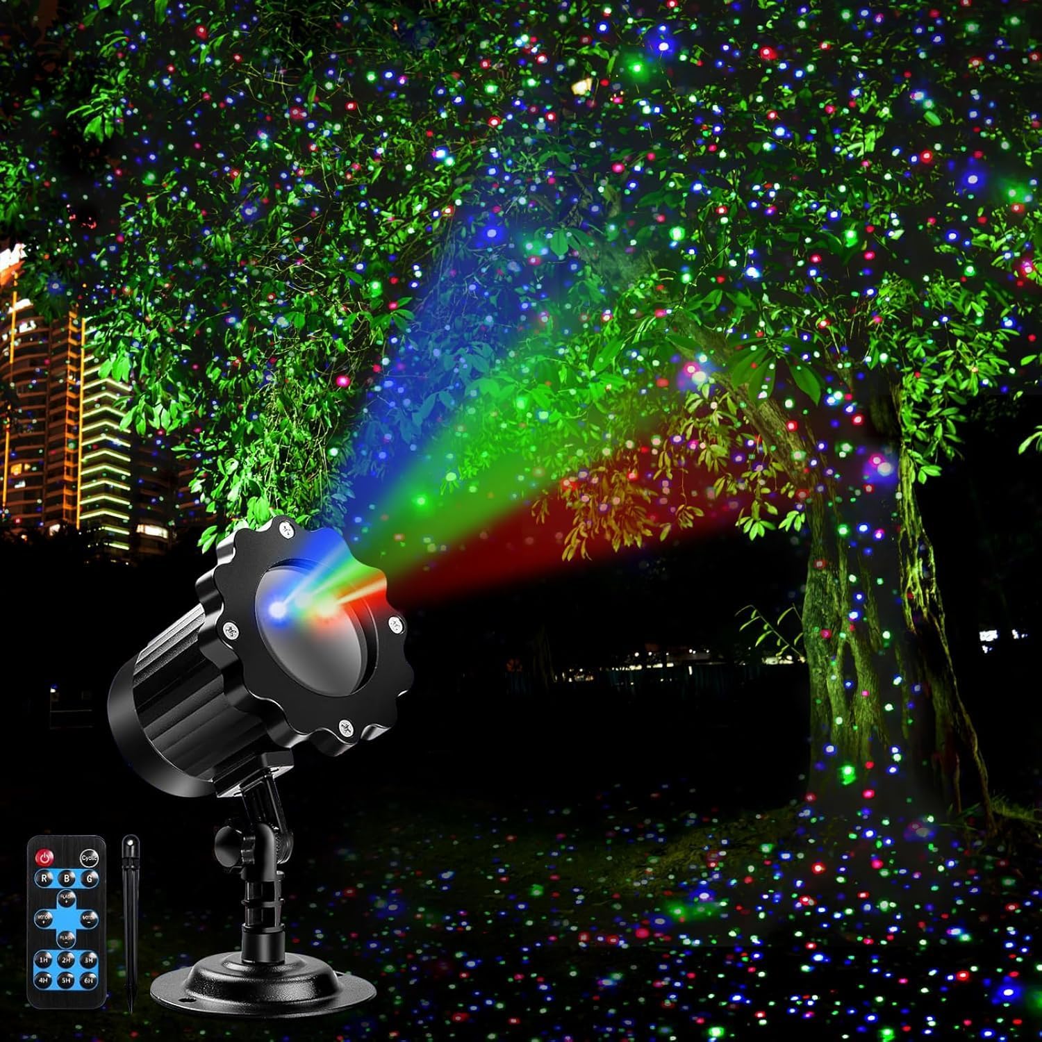Outdoor RGB Laser Projector Lights 3 Color Starry Sky Firefly Effect | IP65 Moving Projection Light with Remote for Christmas Halloween Parties, Garden, Yard, New Year – Holiday Landscape Decor