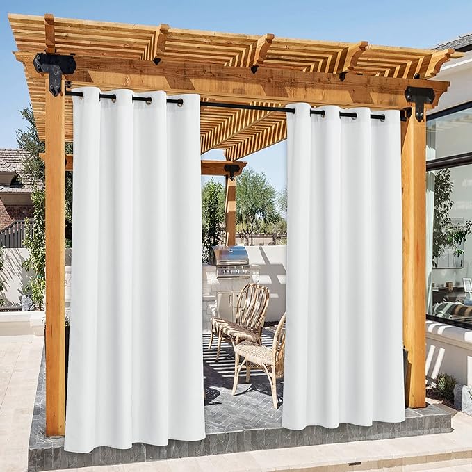 NICETOWN Canvas White Outdoor Curtains for Patio Waterproof, Silver Rustproof Grommet Top Privacy Protection Sun Block Indoor Outdoor Curtains/Drapes for Cabana, W55 by L95, 2 Panels