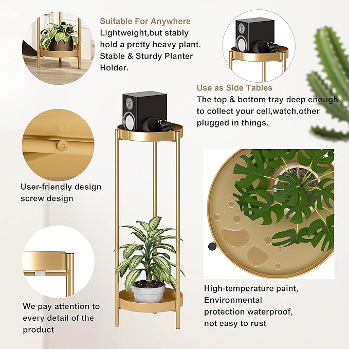 Metal Gold Tall Plant Stand Indoor or Outdoor - 30 inch 2 Tier Modern Corner Planter Shelf Rack with 2 Removable Display Shelves(10 inch) for Bedroom Living Room Balcony