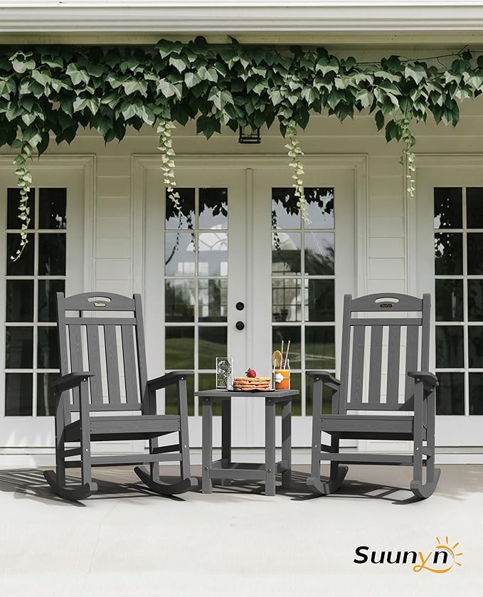 Oversized Outdoor Rocking Chairs Set of 2, High Back Porch Rocking Chair, HDPE All Weather Resistant Rocking Chairs for Patio, 380lbs Weight Capacity, Dark Grey