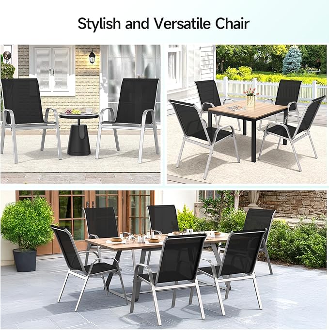 Patio Chairs Set of 6, Easily Set Up Stackable Outdoor Dining Chairs with High Back and Wide Seat, All Weather Breathable Outdoor Chairs Set of 6 with Metal Frame for Backyard Deck Pool, Black
