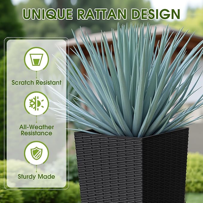 Devoko Resin Tall Planters with Tray for Outdoor Plants Set of 2, Large Taper Outdoor Planter Pots with 4 Drainage Holes, Flower Pots Modern Decor for Porch, Patio, Backyard, Garden(Black, 32")
