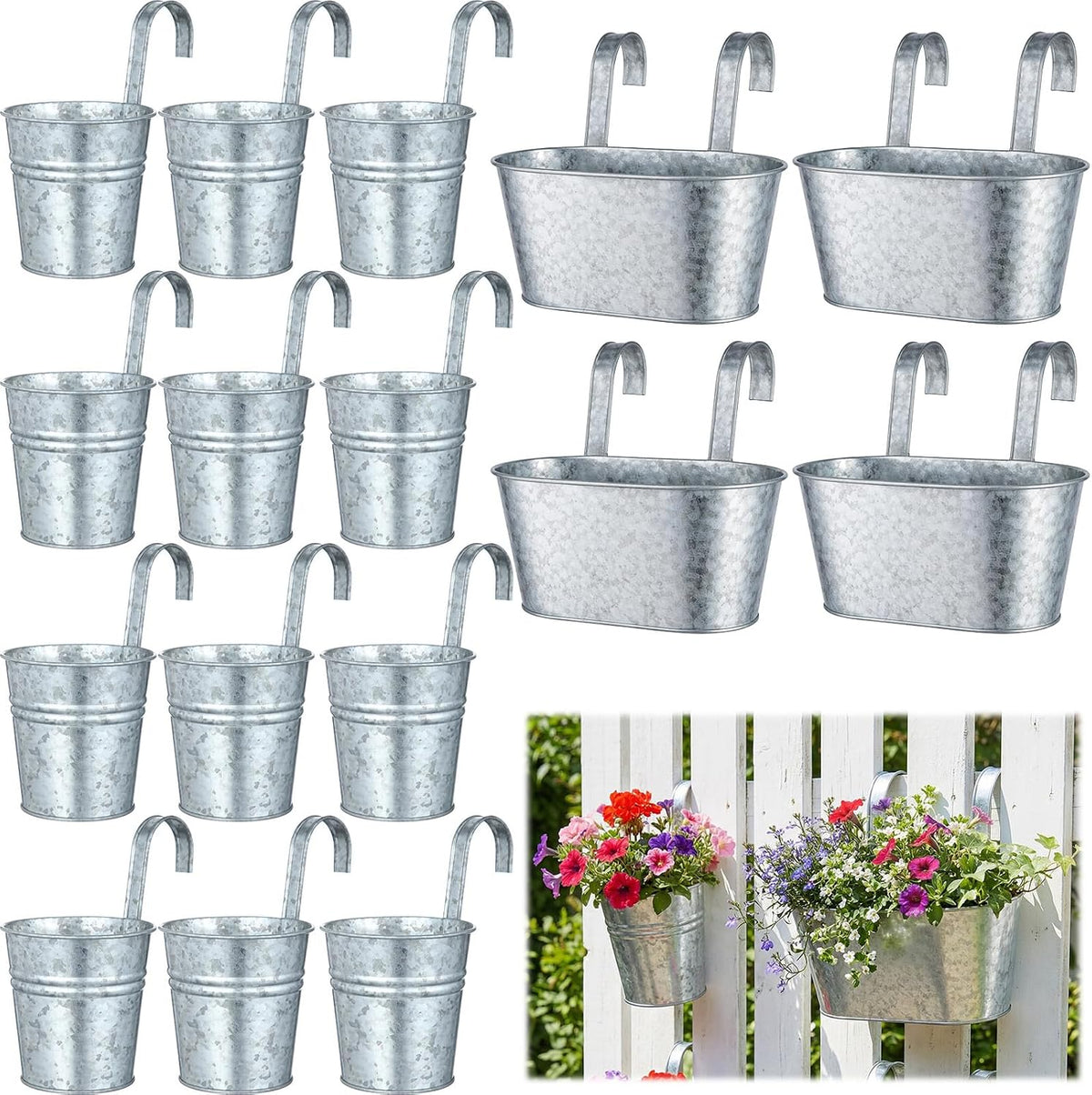 hanging flower pots planters for outdoor, silver shown in use