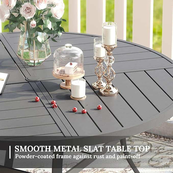 VICLLAX Round Patio Table with Adjustable Umbrella Hole for 8, All Weather Metal Outdoor Dining Table for Lawn Garden, 59.8" Outdoor Coffee Table, Grey Tabletop