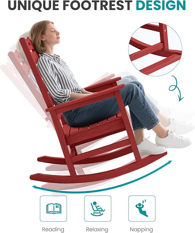 SERWALL Outdoor Rocking Chair, Oversized Rocking Chair with Footrest for Adults, HDPE All Weather Resistant Rocking Chairs for Patio, 350lbs Weight Capacity, Red