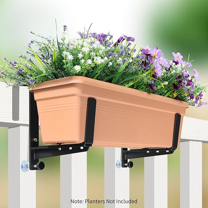 Window Box Brackets, Adjustable Planter Box Brackets, Heavy Duty Iron Flower Box Brackets for Railings, with Enhanced Bottom Support - Perfect for Balconies, Fences, and Gardens (Black, 6 Pack)