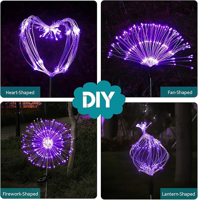 JJGoo Solar Firework Lights, 2 Pack 120 LEDs 2 Lighting Modes Solar Garden Lights Outdoor Waterproof for Yard Patio Walkway Pathway Party Wedding Christmas Decorative - Purple