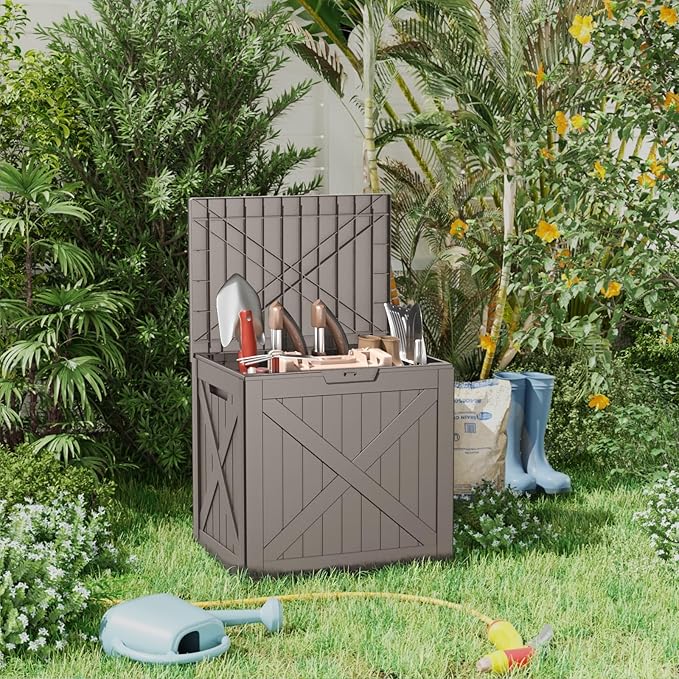 31 Gallon Outdoor Storage Box, Large Resin Deck Box for Patio Cushions, Garden Tools, Pool Accessories, Waterproof and Lockable Design, Storage Bench for Backyard & Deck(Gray)