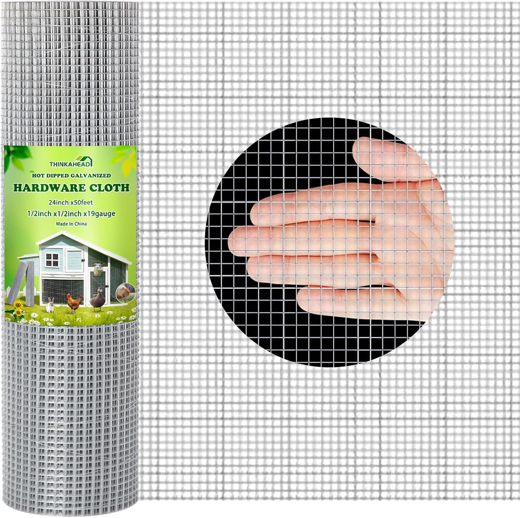 Thinkahead Hardware Cloth 1/2 inch 24 X 50 ft 19 Gauge, Galvanized Wire Mesh Roll, Welded Wire Fencing, Hardware Cloth for Chicken Coop Wire, Rabbit Cage Wire