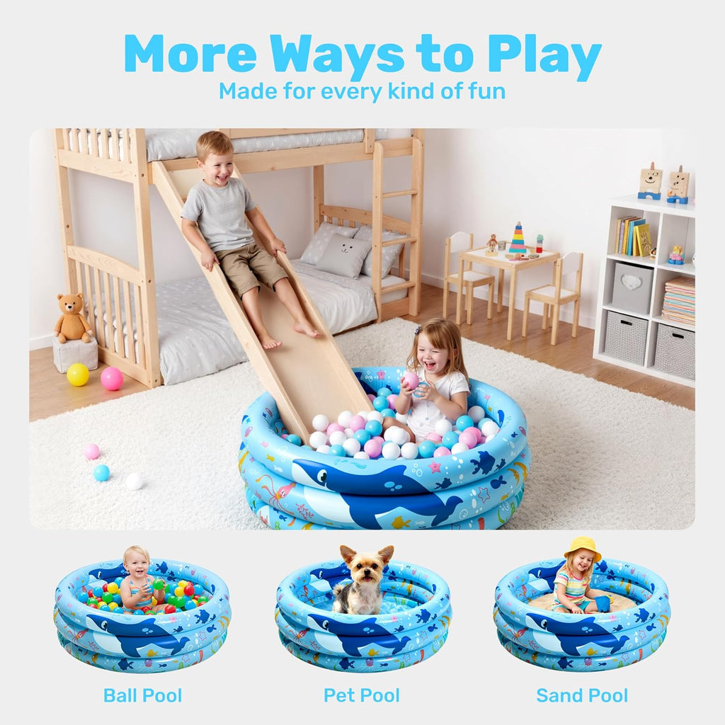 Sloosh Inflatable Kiddie Pool, 34"x10" Blow Up Kid Swimming Pool, 3 Rings Blue Baby Pool for Toddler, Play Pit for Dog with Ocean Whale Pattern for Summer Water Party Backyard Garden(Whale)