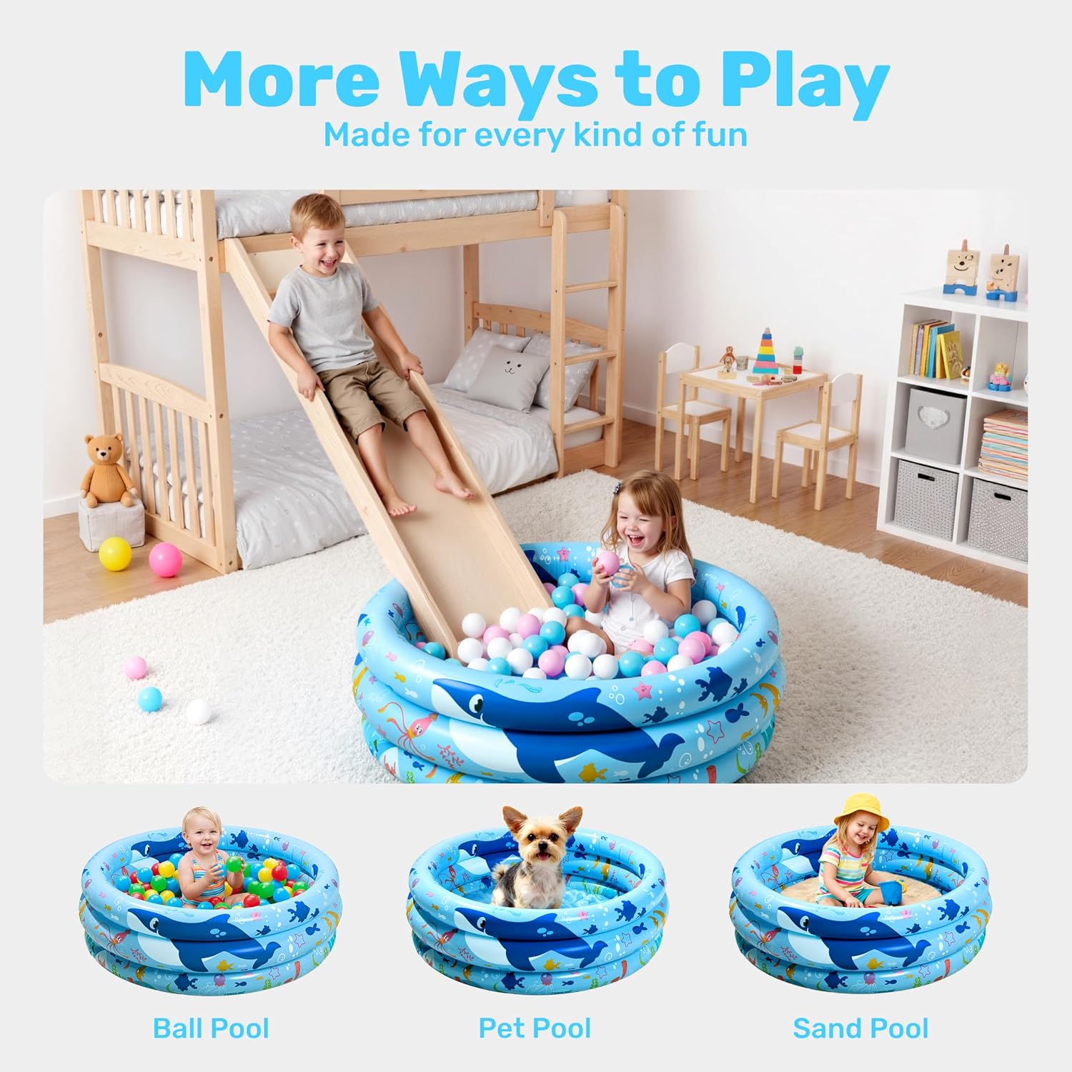 Sloosh Inflatable Kiddie Pool, 34"x10" Blow Up Kid Swimming Pool, 3 Rings Blue Baby Pool for Toddler, Play Pit for Dog with Ocean Whale Pattern for Summer Water Party Backyard Garden(Whale)