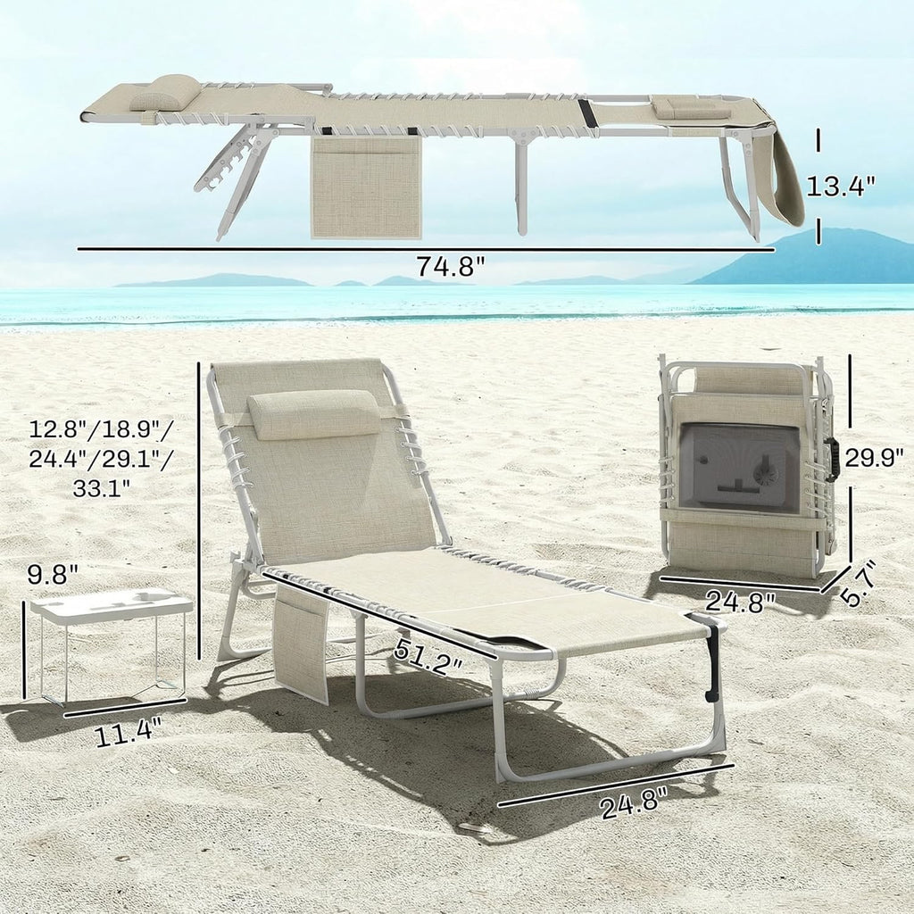 Outsunny Tanning Chair with Face Hole Breathable Mesh Beige | Side Table, Folding, 5-Position Reclining, Chaise Lounge Chair, Outdoor Lounger Recliner, Carry Straps, Beach Pool Camp