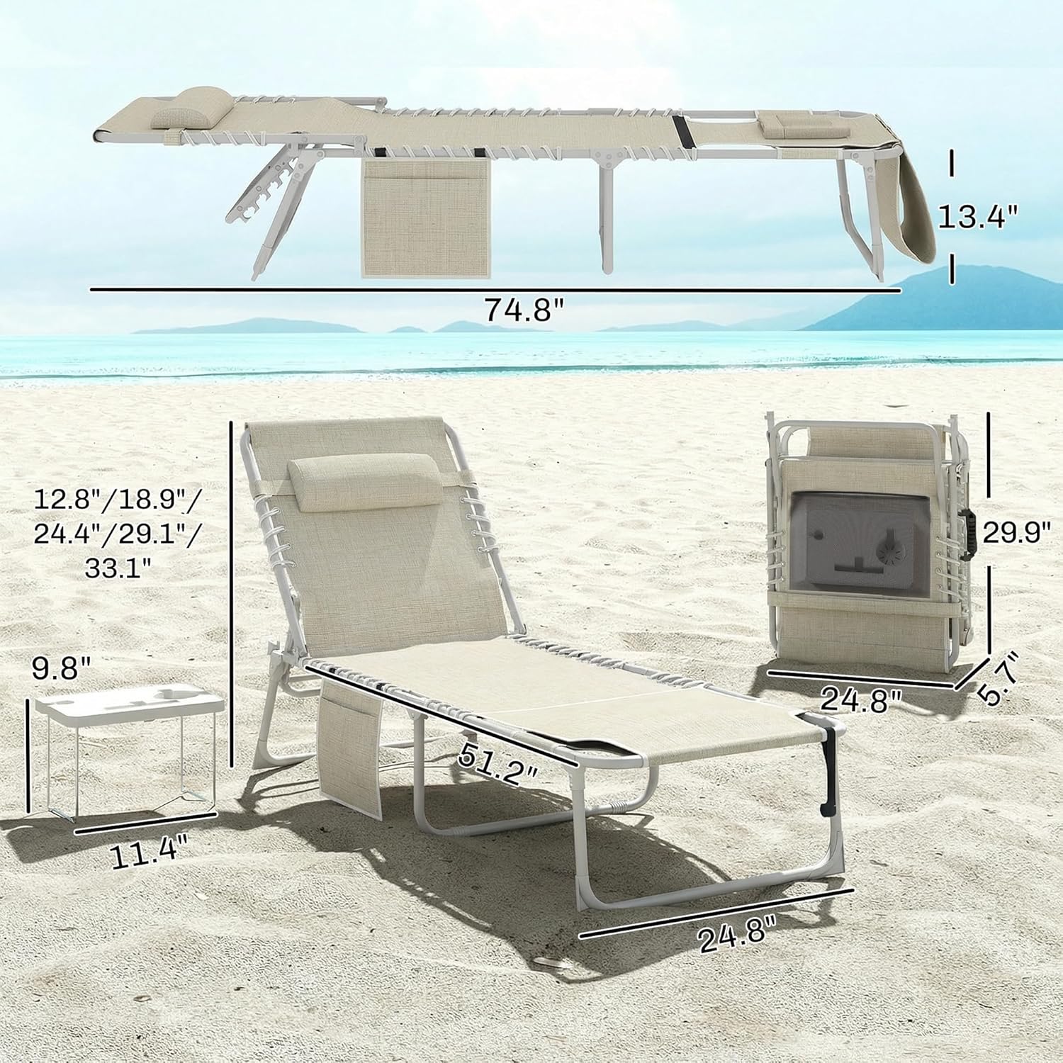 Outsunny Tanning Chair with Face Hole Breathable Mesh Beige | Side Table, Folding, 5-Position Reclining, Chaise Lounge Chair, Outdoor Lounger Recliner, Carry Straps, Beach Pool Camp