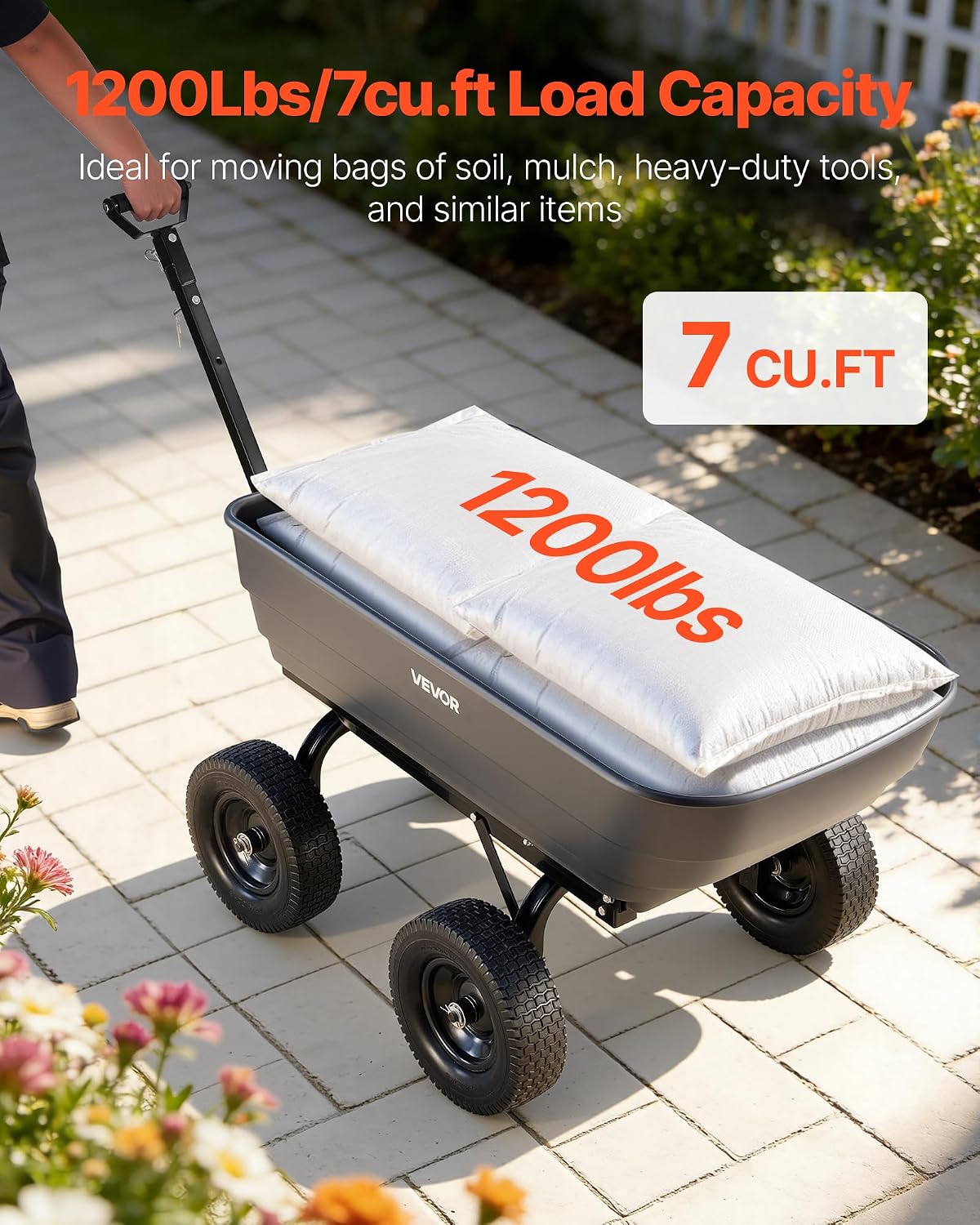 vevor 7 cu.ft 1200lbs poly garden cart dump shown in use
