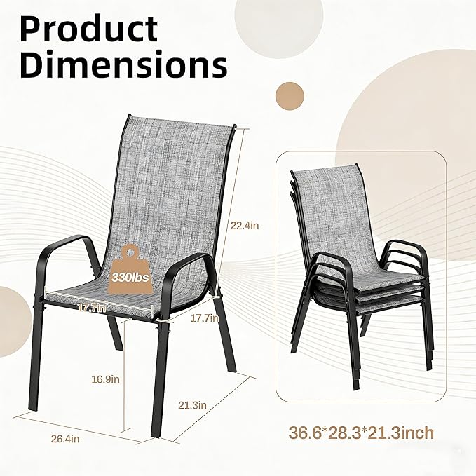 MAMIZO Patio Dining Chairs, Stackable All Weather Teslin Chair, Heavy Duty Outdoor Breathable Chairs Set, w/Armrests, Upgraded Chair FeetW/Strenthened Iron Spacers, 330 LBS (4, Grey)