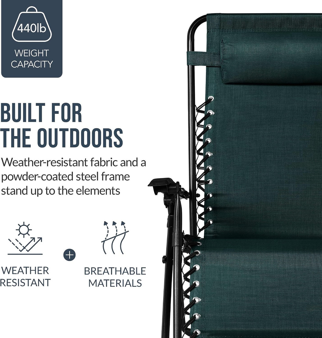 Best Choice Products Set of 2 Extra Wide Adjustable Steel Mesh Zero Gravity Lounge Chair Recliners w/Pillows and Cup Holder Trays - Forest Green