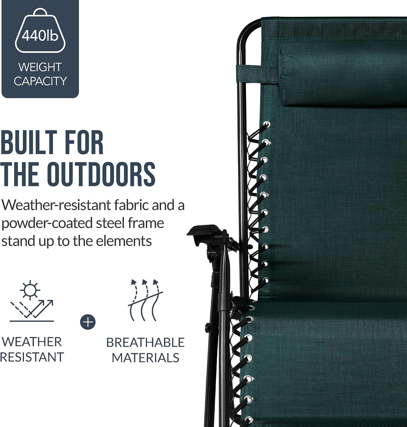 Best Choice Products Set of 2 Extra Wide Adjustable Steel Mesh Zero Gravity Lounge Chair Recliners w/Pillows and Cup Holder Trays - Forest Green