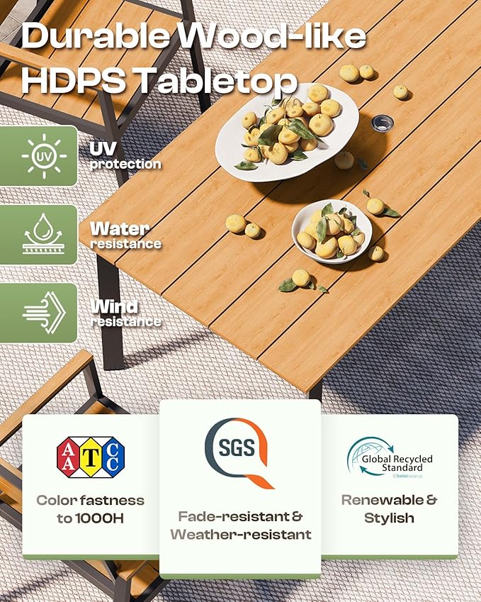 Outdoor Dining Set for 4, Aluminum Patio Table and Chairs Set with Umbrella Hole, 5 Piece HDPS Outdoor Furniture Set for Patio, Garden (Gray & Teak)