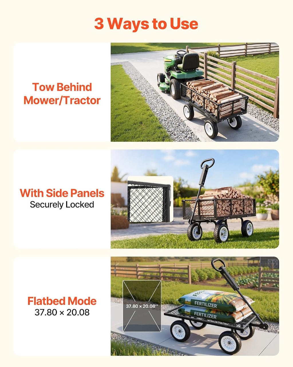 vevor 900 lbs steel garden cart, 2 in showing dimensions