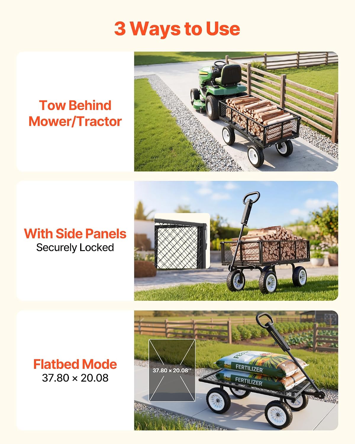 vevor 900 lbs steel garden cart, 2 in showing dimensions