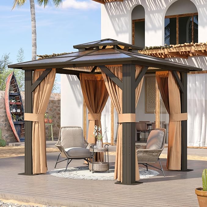 Aoxun 8'x8' Hardtop Gazebo, Aluminum Frame Permanent Pavilion with Curtains and Netting, Outdoor Polycarbonate Double Roof Canopy, Designed for Garden, Lawns, Patio, Brown