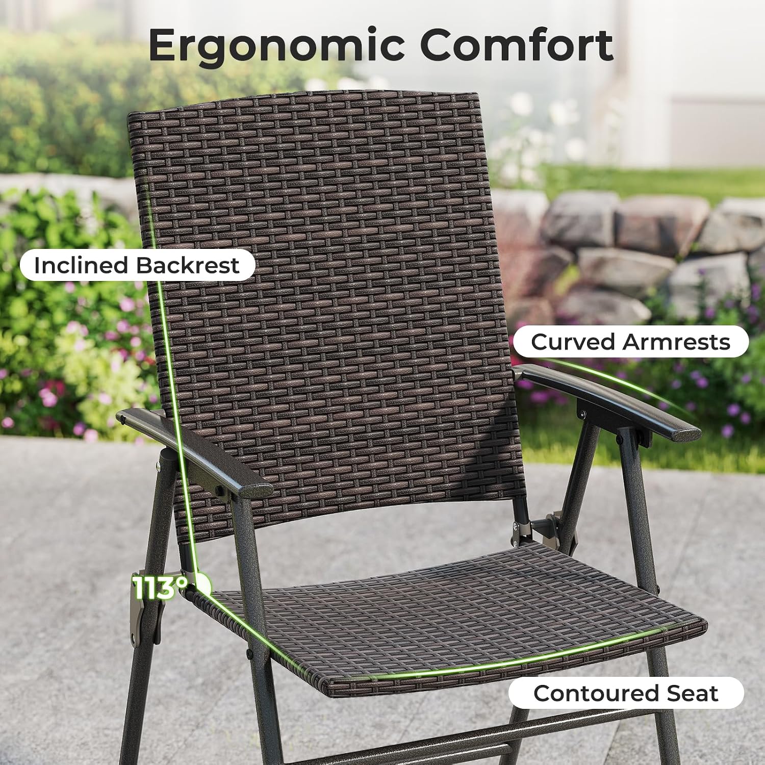 Tangkula Outdoor Folding Chairs Set of 2, Patio PE Wicker Dining Chairs with Armrests and Metal Frame, Portable Lawn Chairs for Garden, Porch, Balcony and Camping, Fully Assembled (1, Mix Brown)