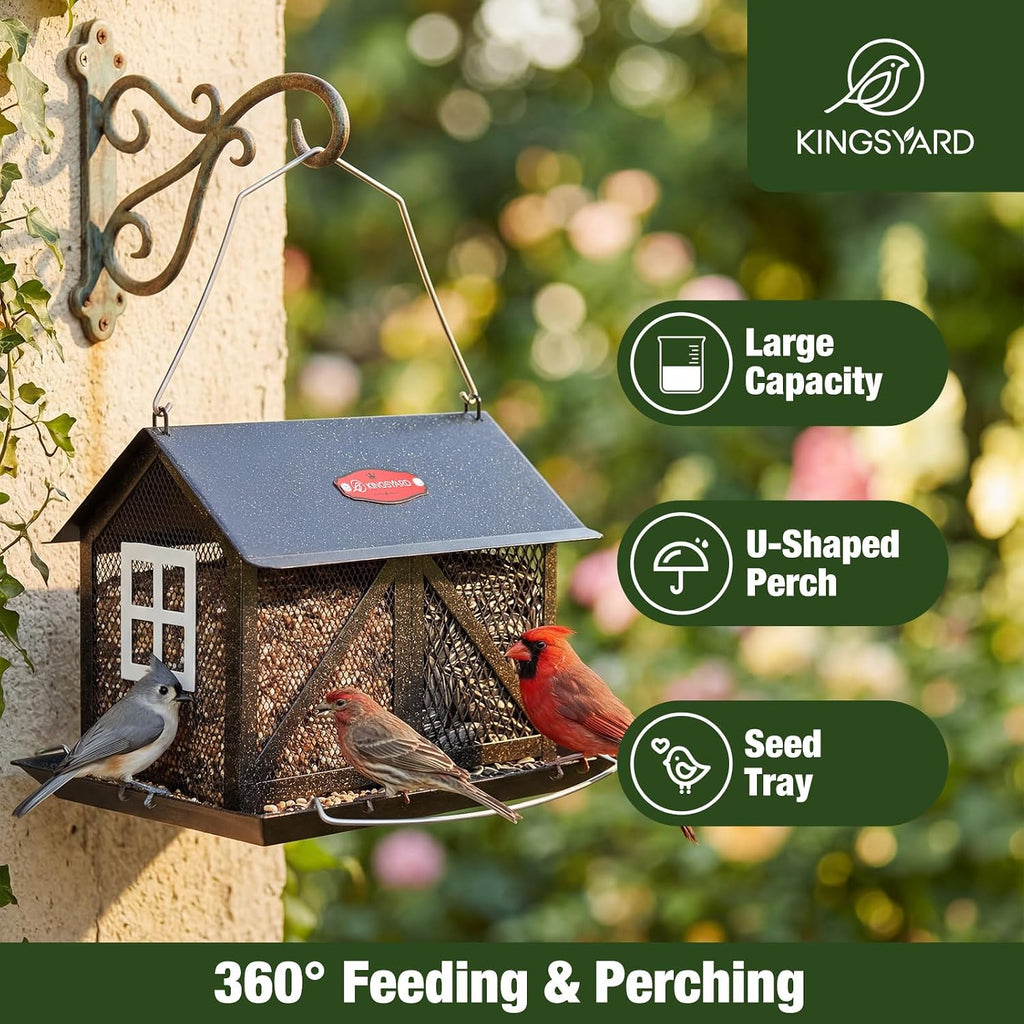 Kingsyard Metal Bird Feeder for Outdoors Hanging, 2-in-1 Wild Bird Feeder with Seed Tray & Built-in Perch, 5 lb Large Capacity for Cardinal Chickadee Finch, Black