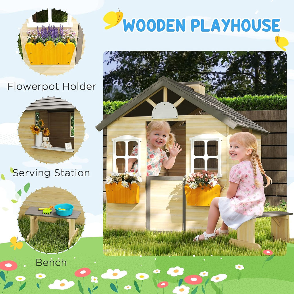 outsunny outdoor playhouse working door windows bench for, side view