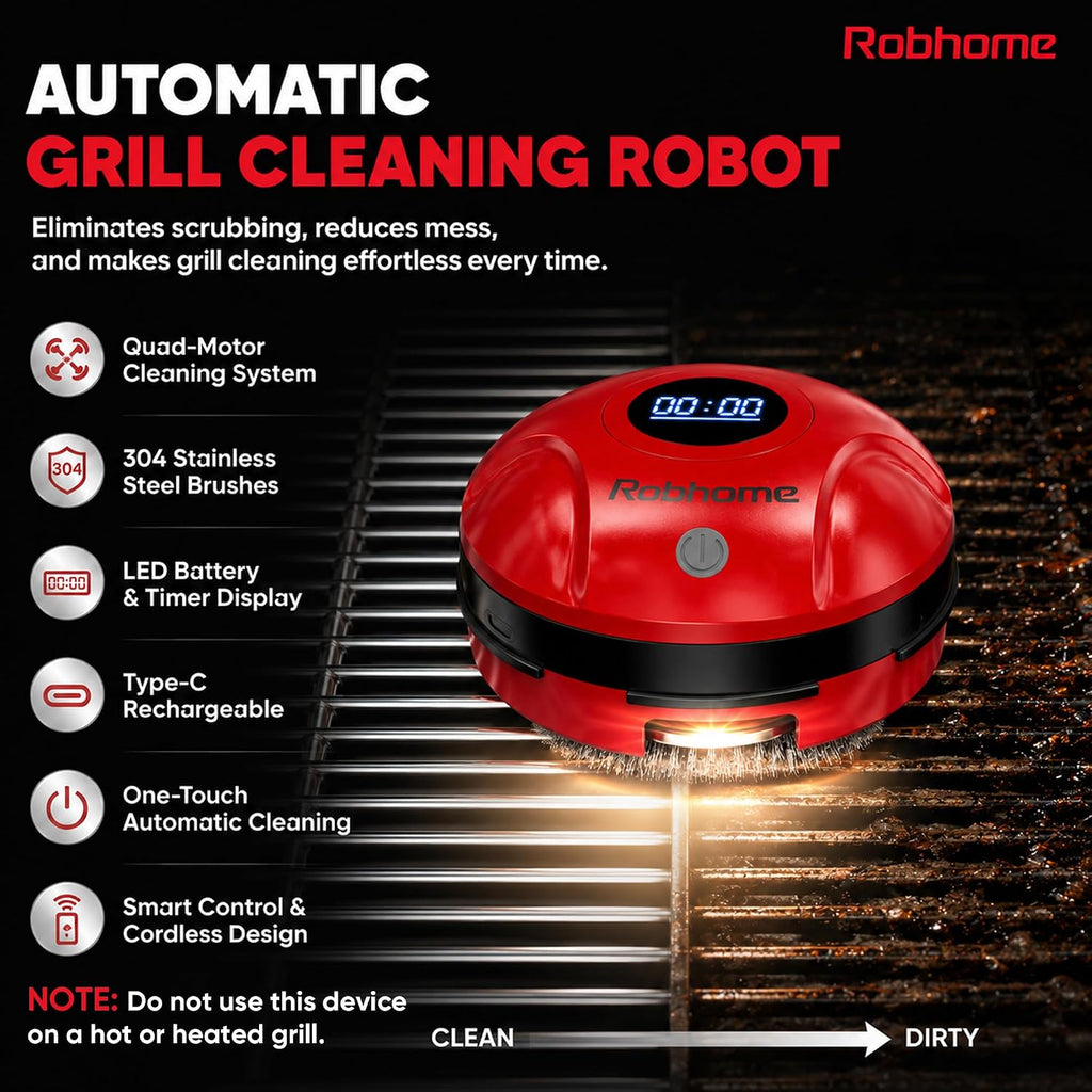 Grill Cleaning Robot, Electric Grill Brush with 4 Heads, 304 Stainless Steel Rotary Brush, Cordless Rechargeable BBQ Cleaner, 150Mins Runtime, 380 RPM, Automatic Grill Cleaner for Outdoor Grill, Red