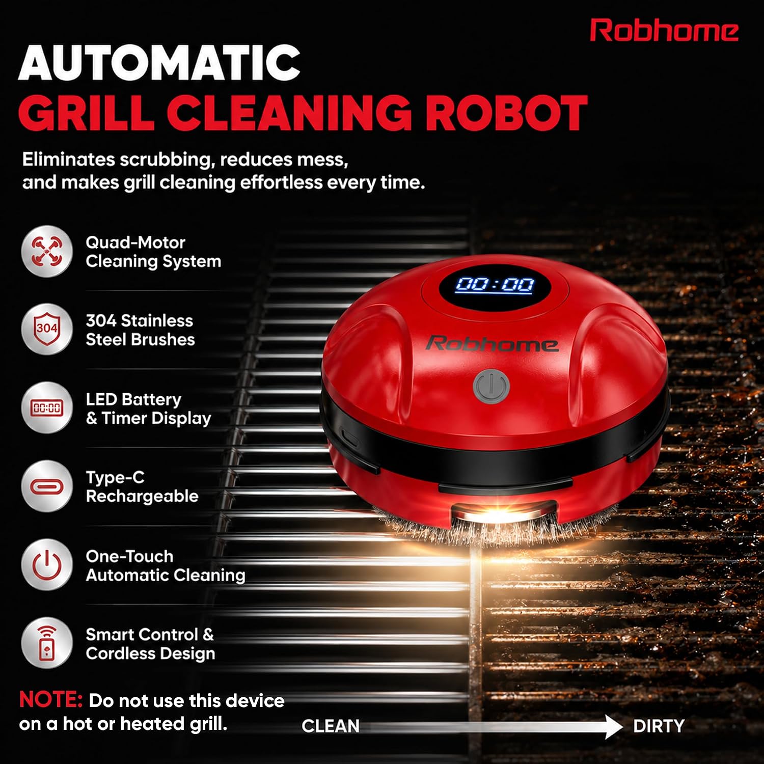 Grill Cleaning Robot, Electric Grill Brush with 4 Heads, 304 Stainless Steel Rotary Brush, Cordless Rechargeable BBQ Cleaner, 150Mins Runtime, 380 RPM, Automatic Grill Cleaner for Outdoor Grill, Red