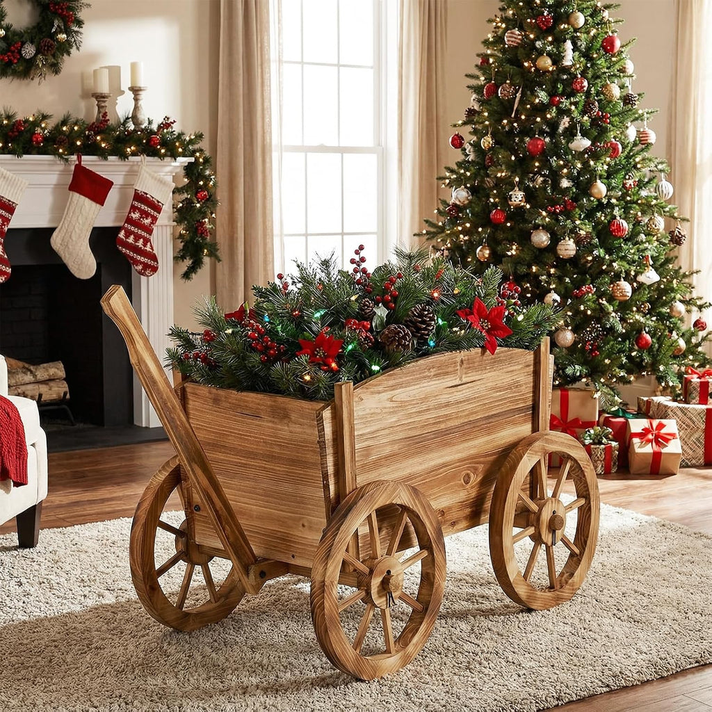 giantex wood wagon planter, rustic rolling flower pot shown in use