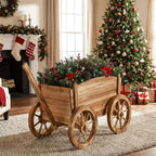 giantex wood wagon planter, rustic rolling flower pot shown in use