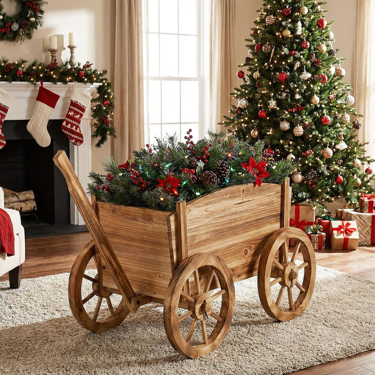 giantex wood wagon planter, rustic rolling flower pot shown in use