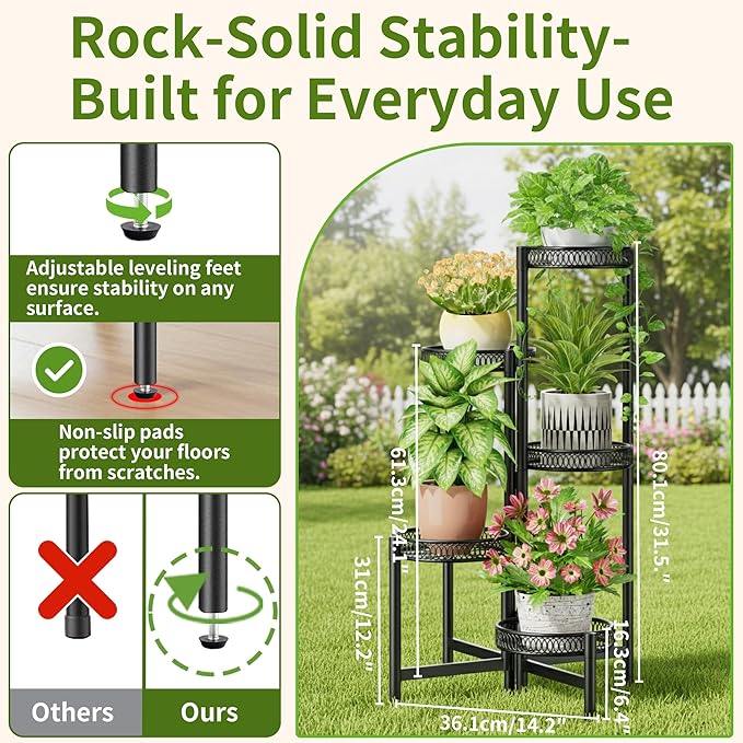 Plant Stand Indoor Outdoor, 5 Tier Corner Metal Flower Display Holder Stand, Folding Tall Plant Rack for Patio Balcony Porch Garden Living Room House, Heavy Duty Wrought Iron Plant Shelf - BlackFlower