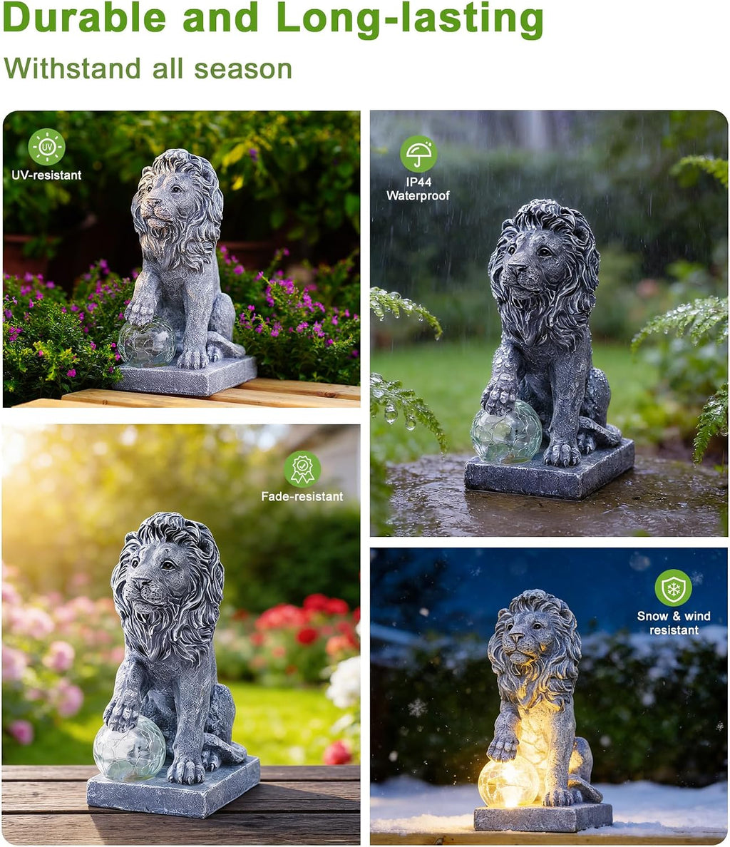 Guardian Lion Outdoor Statues for Garden with Solar Ball (Grey) | 9.45in IP65 Waterproof,Outside Decor, Yard Art Lawn Ornaments, Porch Patio Balcony Home House, Gifts for Mom Grandma Women