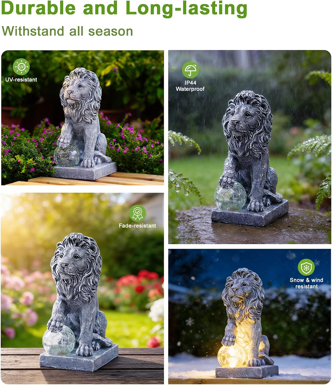Guardian Lion Outdoor Statues for Garden with Solar Ball (Grey) | 9.45in IP65 Waterproof,Outside Decor, Yard Art Lawn Ornaments, Porch Patio Balcony Home House, Gifts for Mom Grandma Women