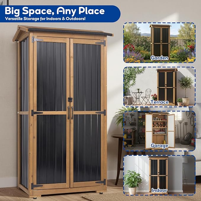 Storage Cabinet Outdoor Garage Cabinets with 3 Adjustable Shelves, Lockable Door, Wood & Metal Weather-Resistant Pantry Cabinet for Patio Garden Home Farm (33.3" Lx 21" Wx 69" H)