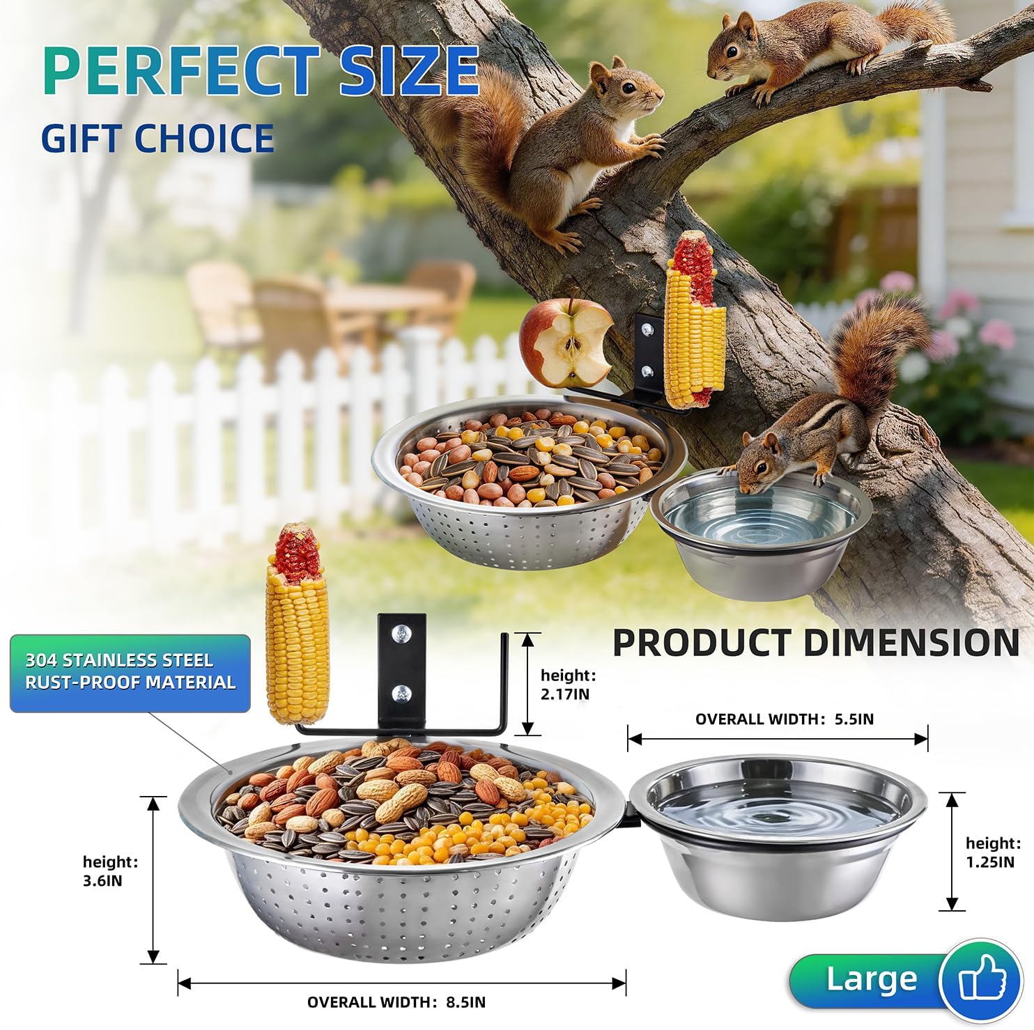 2 Bowls Squirrel Food&Water Feeder, Metal Chew-proof Squirrel Feeders for Outside, Picnic Table with 2 Corn Cob Holders - Removable Smart Drainage 304 Bowl+Bird Water Bowl&Seed Tray-Tree Mounted
