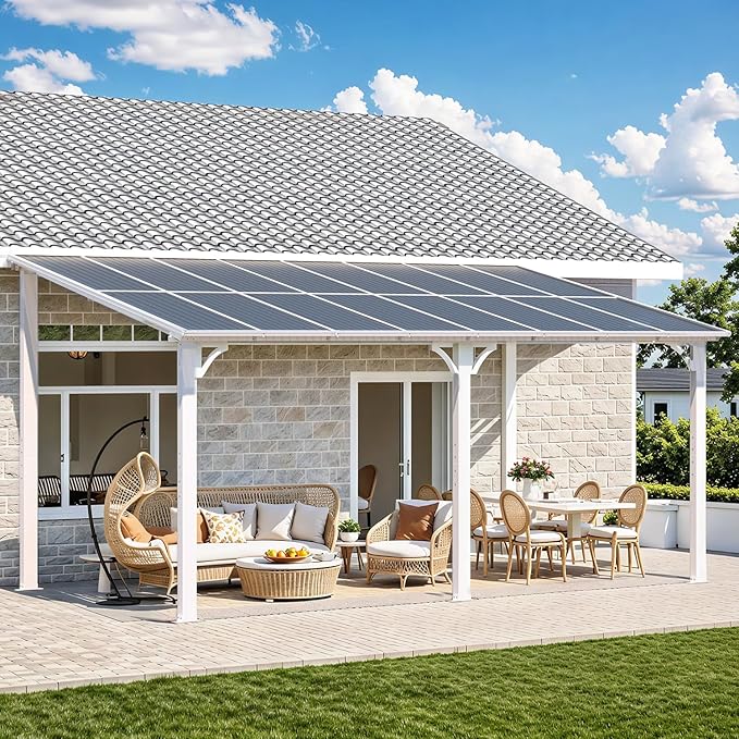 AECOJOY 16' x 8' White Gazebo Outdoor Pergola for Patio, Hard Top Lean to 8x16 Gazebo Shelter Pergolas and Gazebos Clearance with Patio Roof, Large Wall-Mounted Heavy Duty Awnings for Backyard